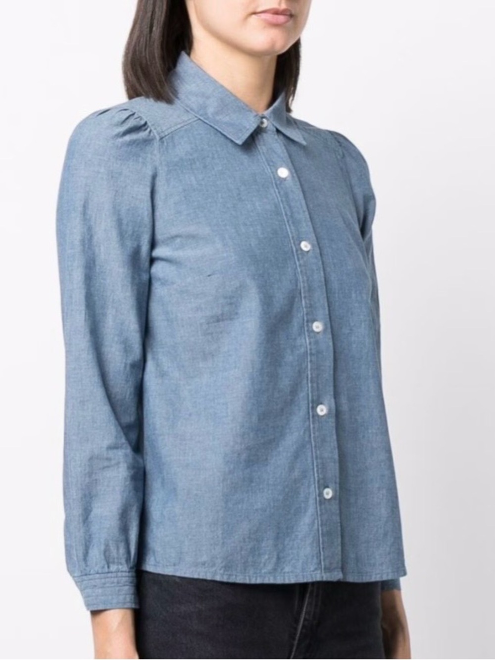 A.P.C. Margot Chambray Light Blue Button-Up Puff Sleeve Blouse Size XL/42